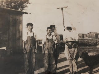Tad, Saylo, Masako and other relatives on the farm, 1930s
